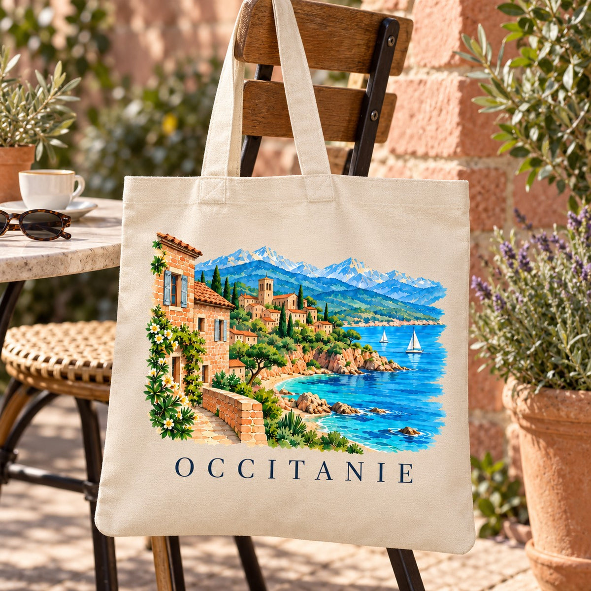 Tote bag Occitanie Essentiel suspendu à une chaise en terrasse face à la mer