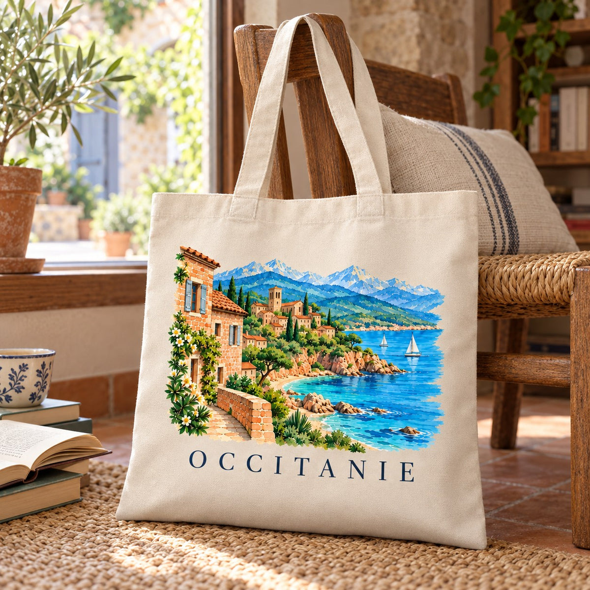 Tote bag Occitanie Essentiel suspendu à une chaise dans une pièce ouverte sur la mer