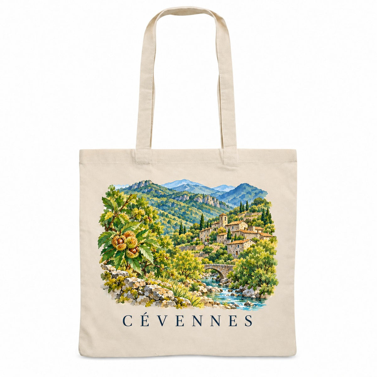 Tote bag Cévennes Essentiel, sac plat en coton naturel 140 g/m² de 38 × 42 cm, illustration aquarelle d'un châtaignier, des villages de pierre, de la rivière et d'un pont