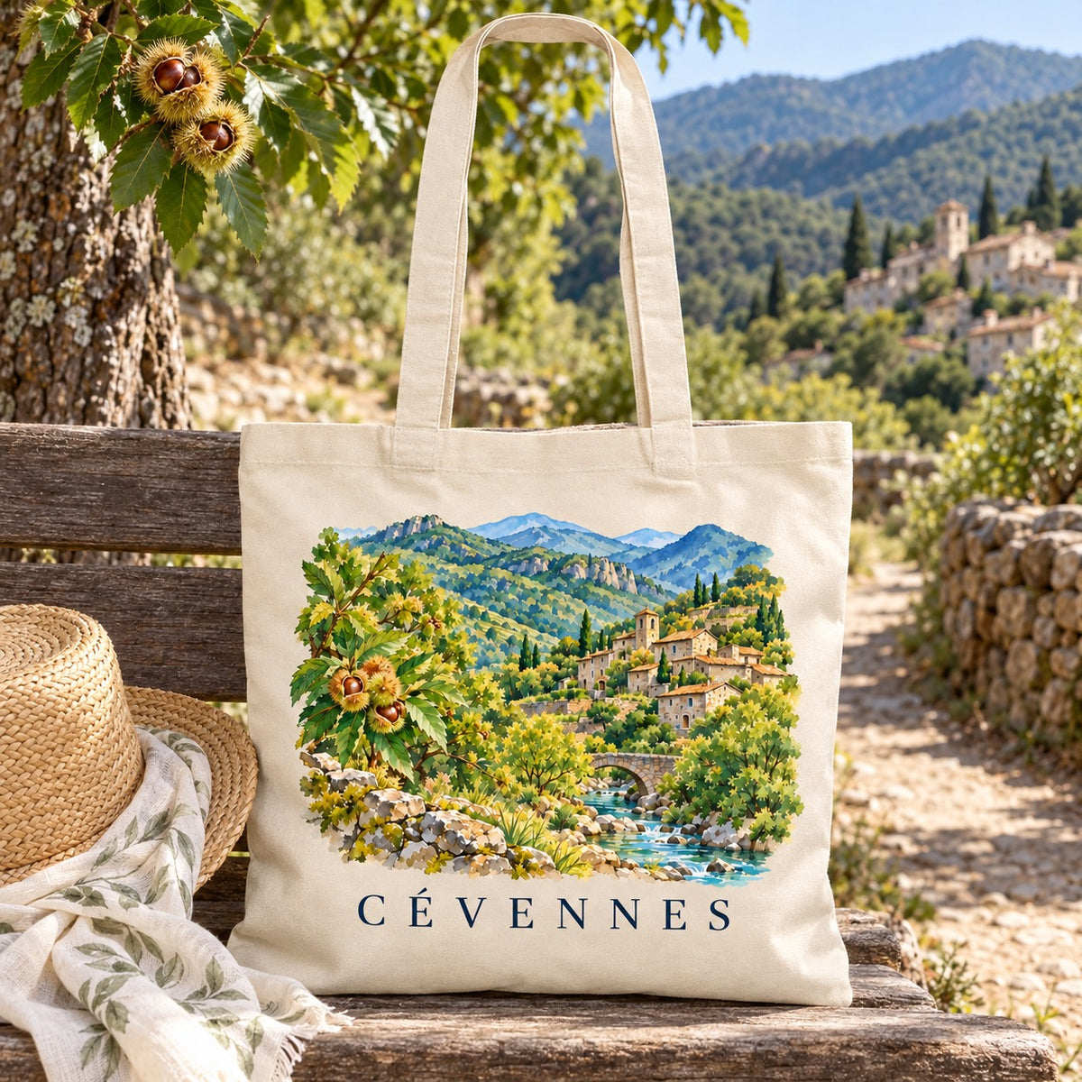 Tote bag Cévennes Essentiel posé sur un banc sous un châtaignier