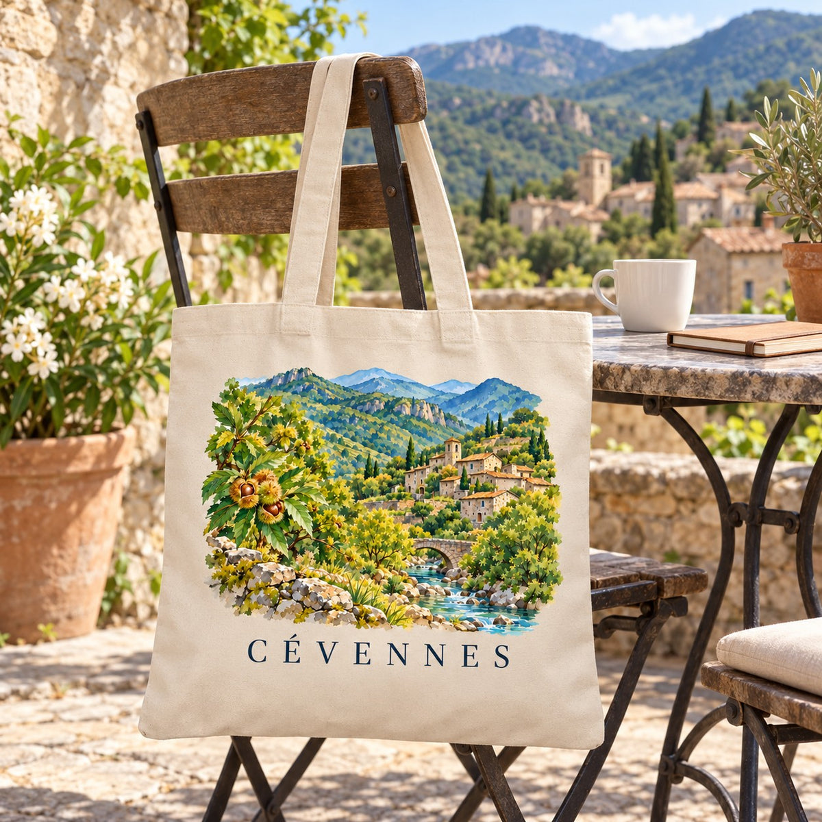 Tote bag Cévennes Essentiel suspendu à une chaise en terrasse