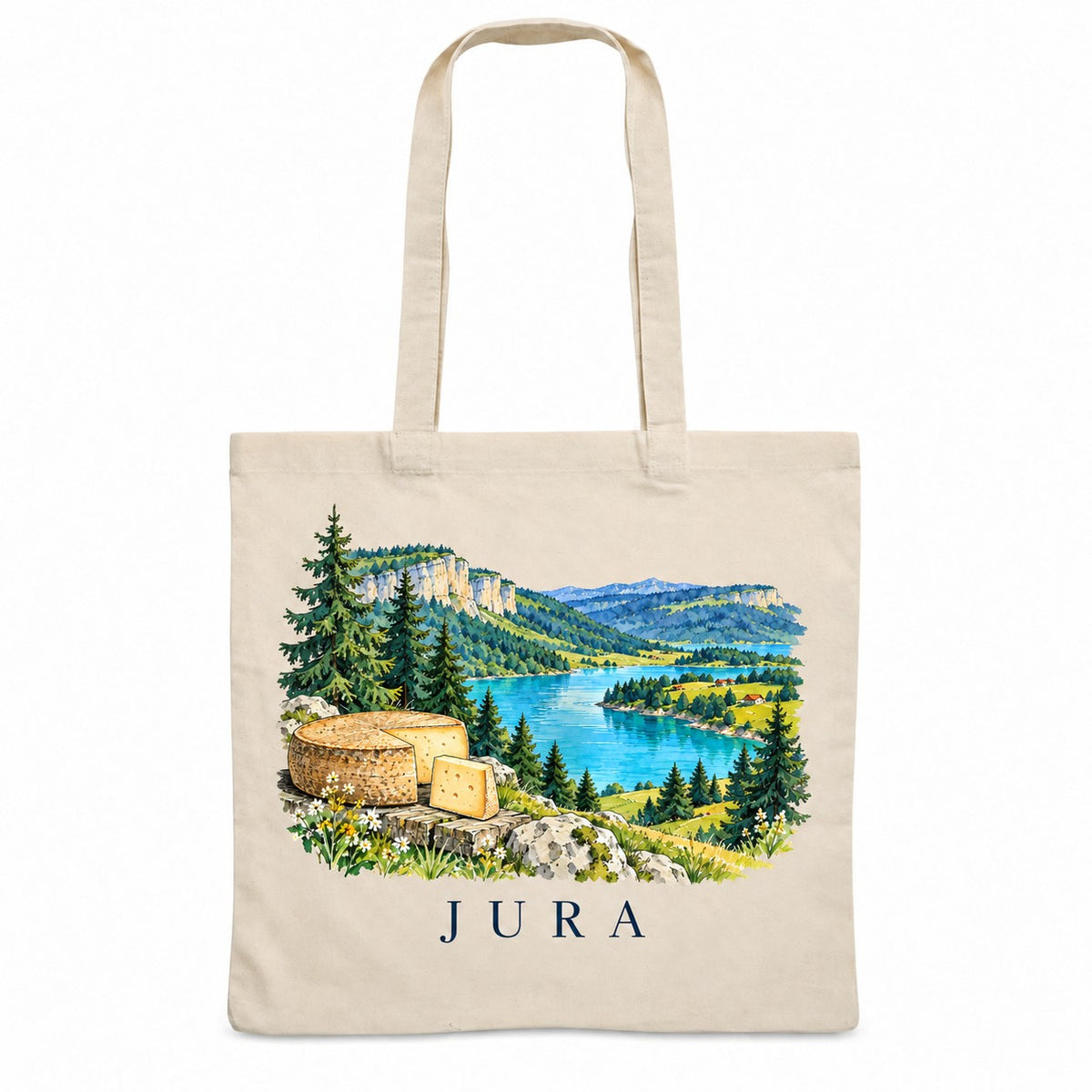 Tote bag Jura Essentiel, sac plat en coton naturel 140 g/m² de 38 × 42 cm, illustration aquarelle des sapins, d'un lac, des falaises calcaires et d'une meule de fromage