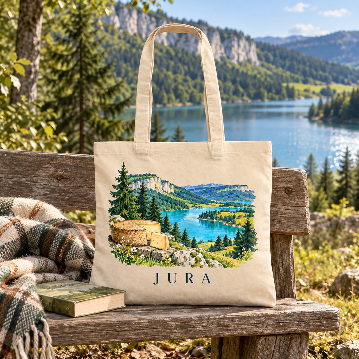 Tote bag Jura Essentiel posé sur un banc face au lac
