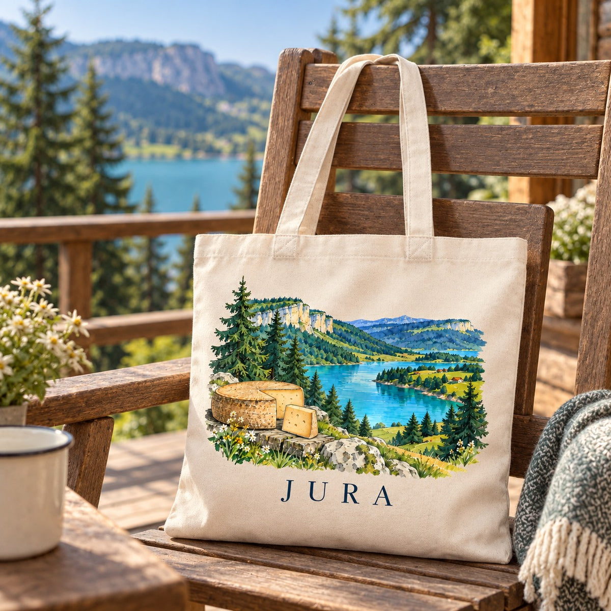 Tote bag Jura Essentiel suspendu à une chaise en terrasse face au lac