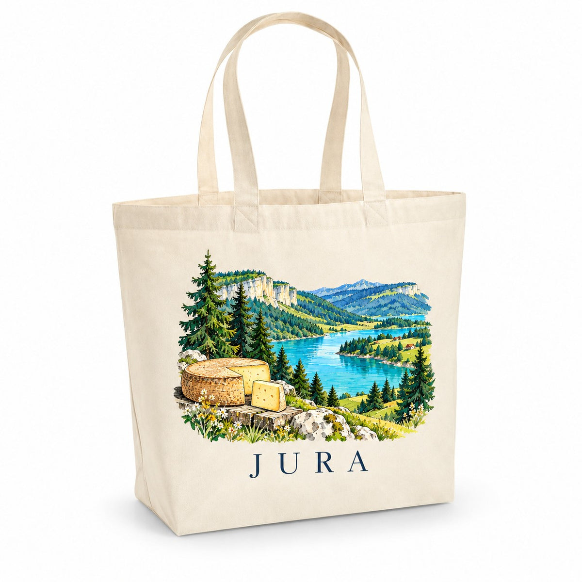 Tote bag Jura Premium, cabas à soufflet en coton naturel 200 g/m² de 18 litres, illustration aquarelle des sapins, d'un lac, des falaises calcaires et d'une meule de fromage