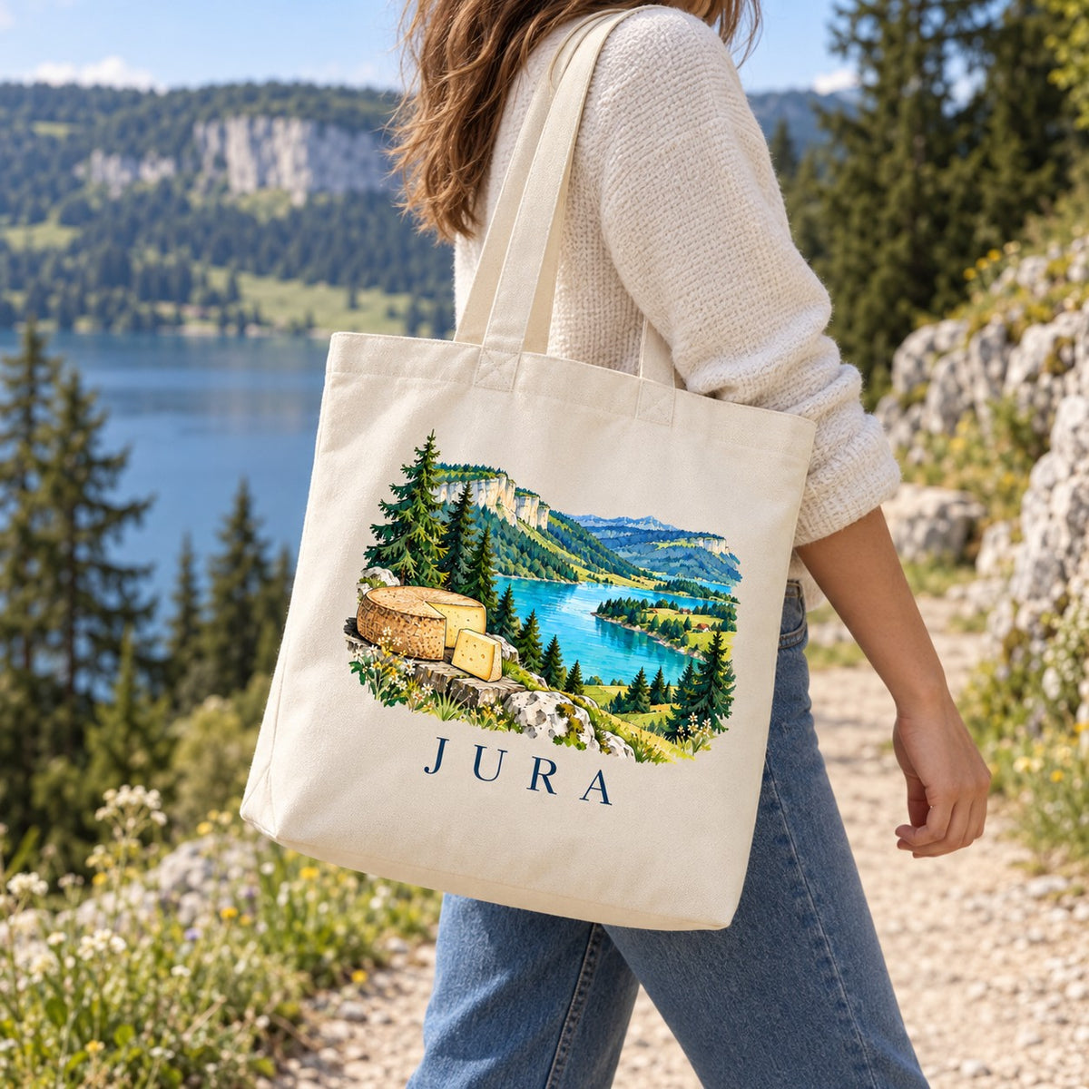 Tote bag Jura Premium porté à l'épaule sur un sentier au-dessus du lac