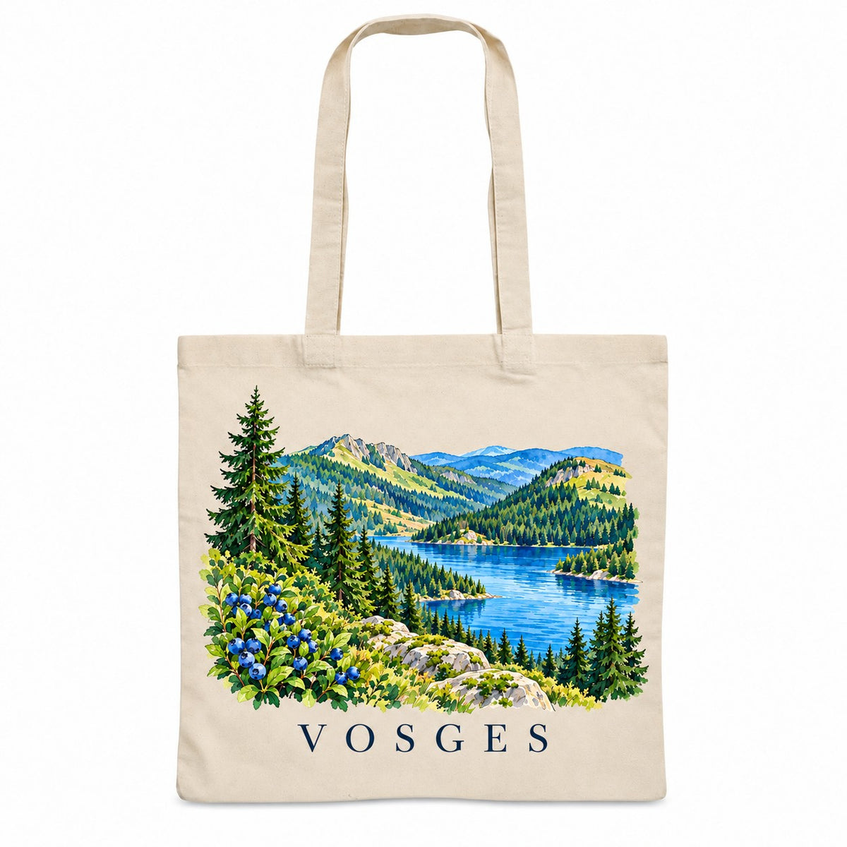 Tote bag Vosges Essentiel, sac plat en coton naturel 140 g/m² de 38 × 42 cm, illustration aquarelle des forêts de sapins, d'un lac, des ballons et des myrtilles