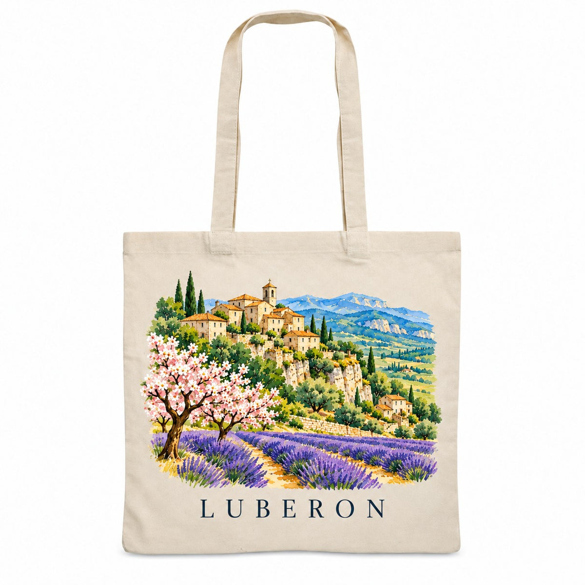 Tote bag Luberon Essentiel, sac plat en coton naturel 140 g/m² de 38 × 42 cm, illustration aquarelle d'un village perché, des amandiers en fleurs et de la lavande