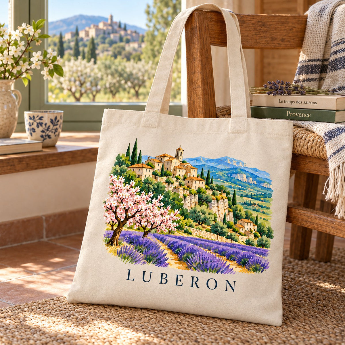Tote bag Luberon Essentiel suspendu à une chaise dans une pièce aux murs de pierre