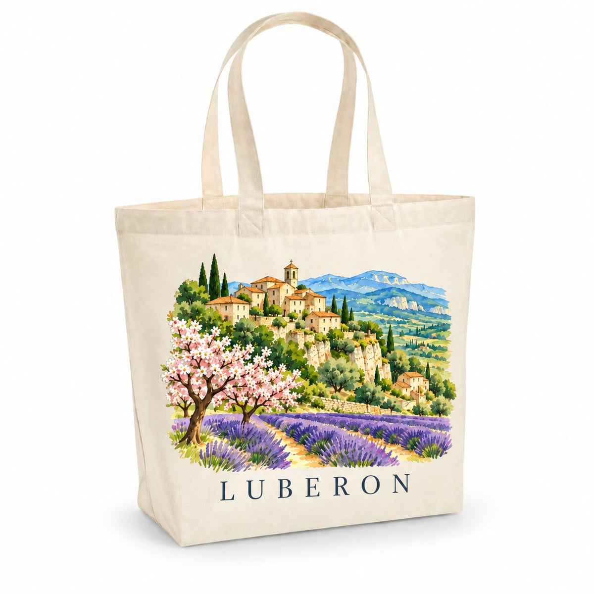 Tote bag Luberon Premium, cabas à soufflet en coton naturel 200 g/m² de 18 litres, illustration aquarelle d'un village perché, des amandiers en fleurs et de la lavande