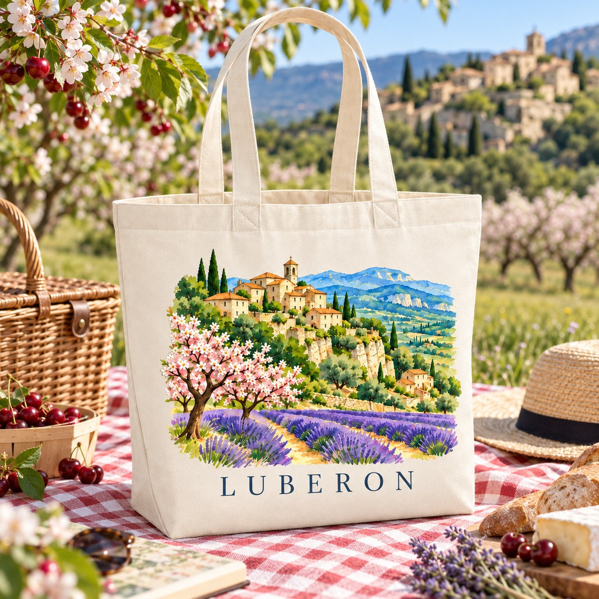 Tote bag Luberon Premium posé sur une nappe, avec des cerises