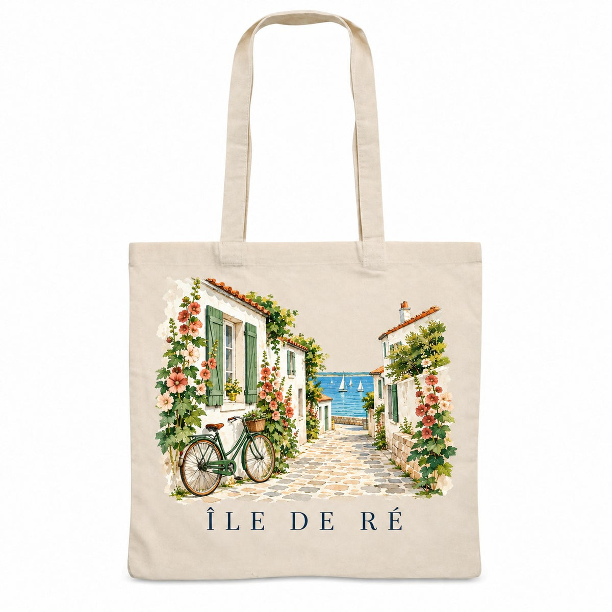 Tote bag Île de Ré Essentiel, sac plat en coton naturel 140 g/m² de 38 × 42 cm, illustration aquarelle des maisons blanches aux volets verts, des roses trémières et d'un vélo