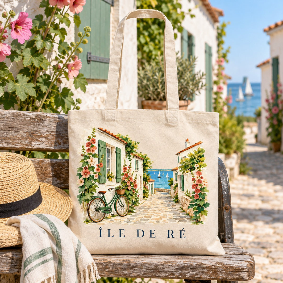 Tote bag Île de Ré Essentiel posé sur un banc dans une ruelle, avec un chapeau de paille, la mer au bout