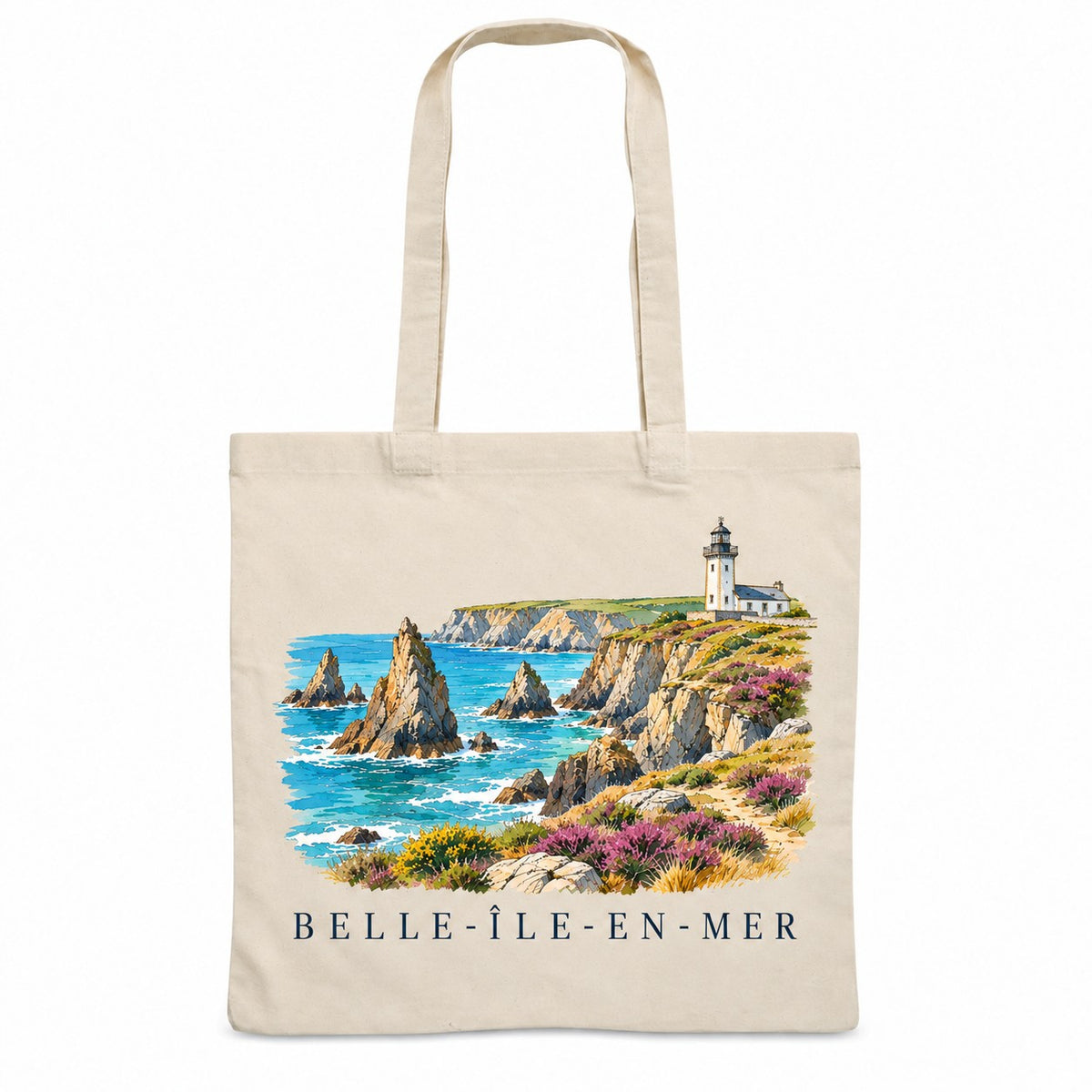 Tote bag Belle-Île-en-Mer Essentiel, sac plat en coton naturel 140 g/m² de 38 × 42 cm, illustration aquarelle des aiguilles rocheuses, des falaises, d'un phare et de la bruyère