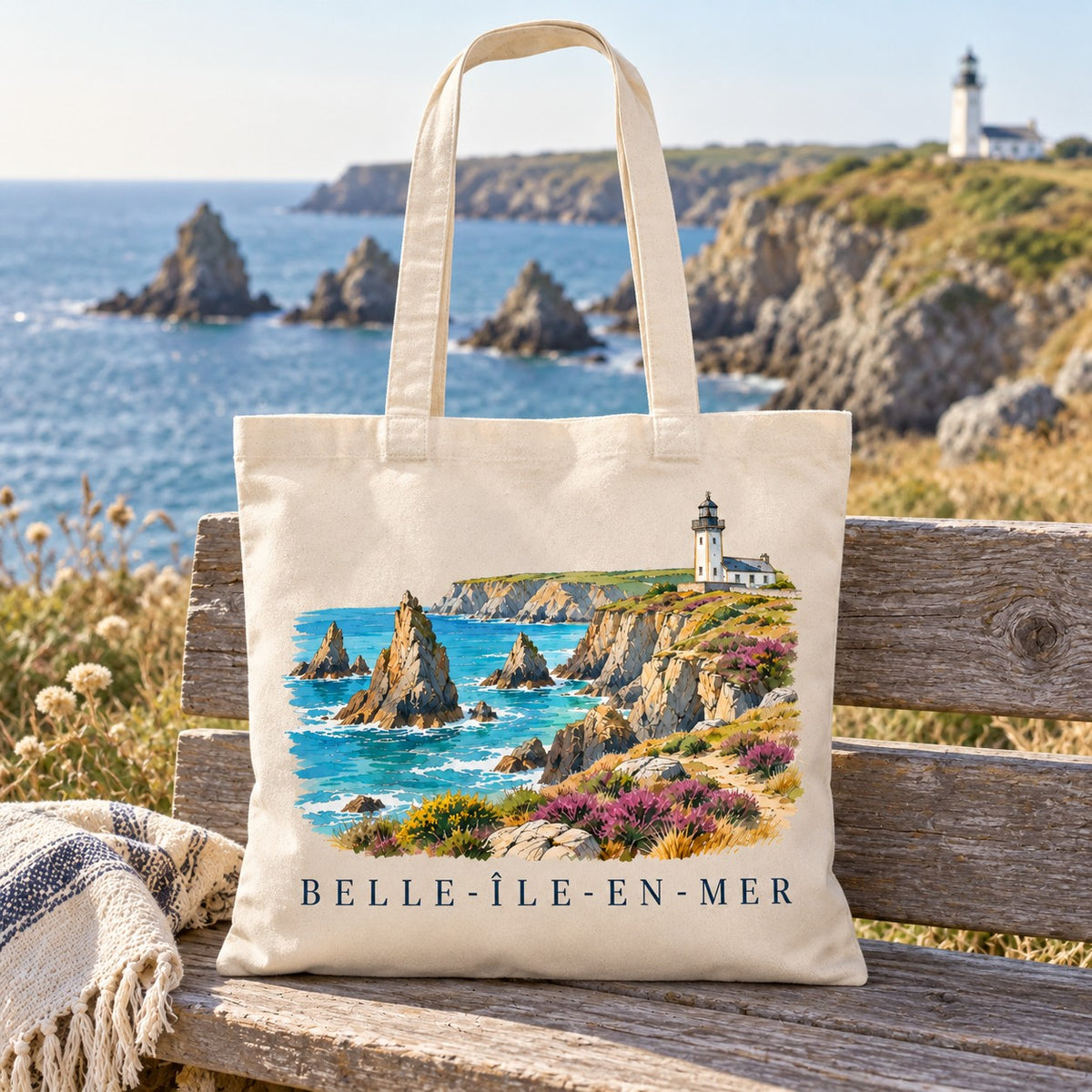 Tote bag Belle-Île-en-Mer Essentiel posé sur un banc face à la mer