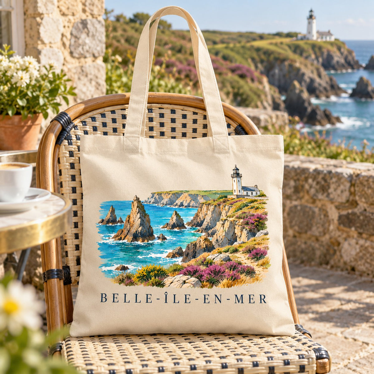 Tote bag Belle-Île-en-Mer Essentiel suspendu à un fauteuil en rotin en terrasse