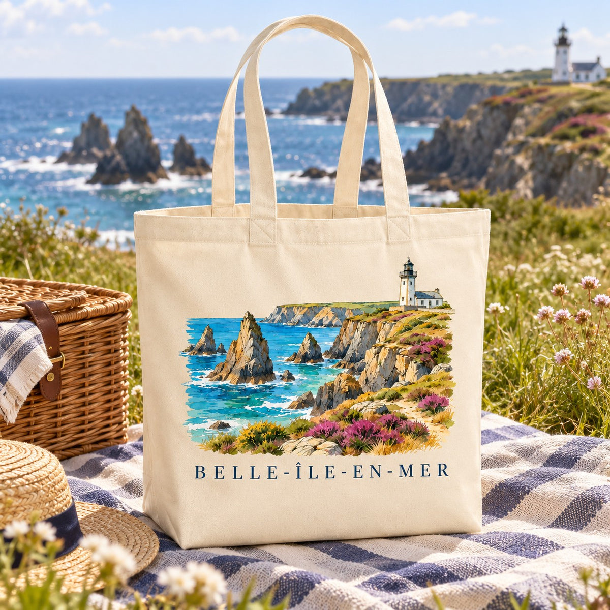Tote bag Belle-Île-en-Mer Premium posé sur un plaid face aux aiguilles