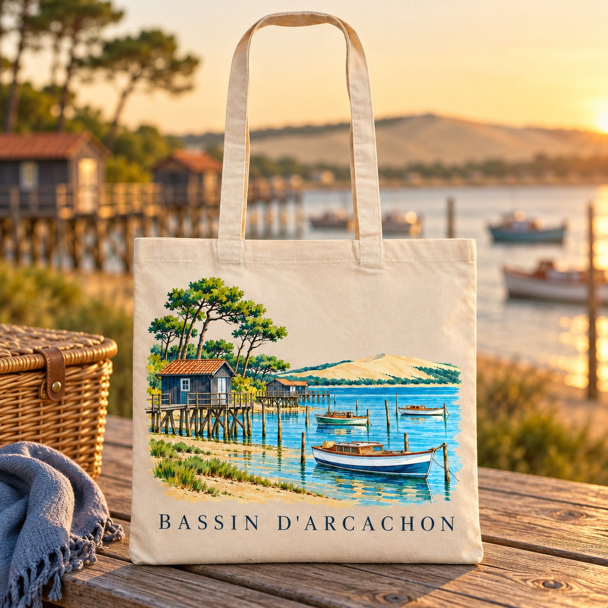Tote bag Bassin d'Arcachon Essentiel posé sur une table face au bassin, au coucher du soleil