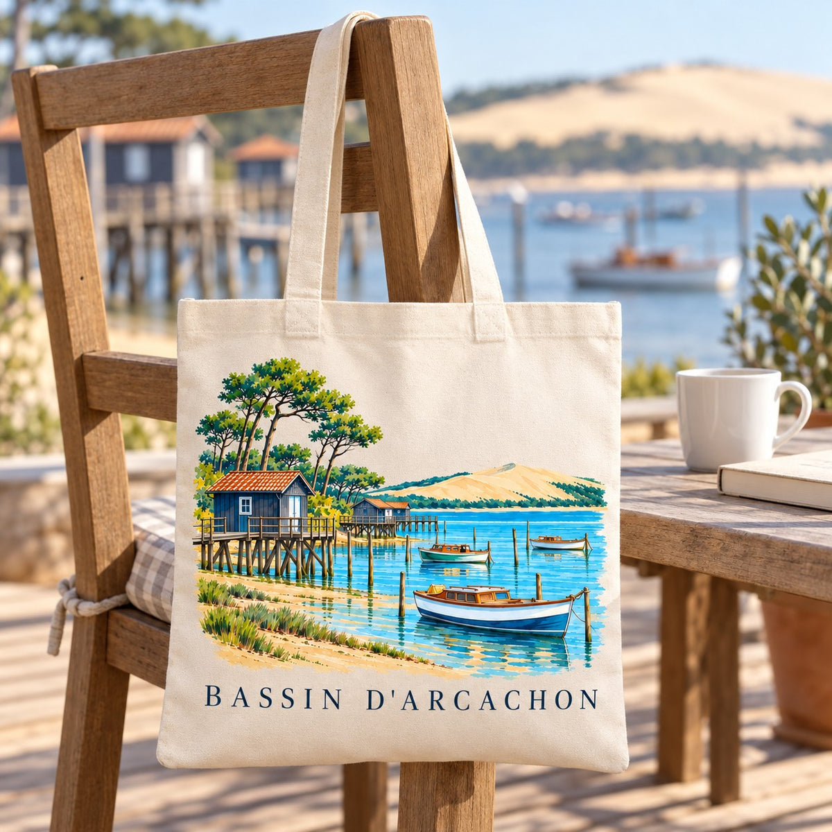 Tote bag Bassin d'Arcachon Essentiel suspendu à une chaise en terrasse