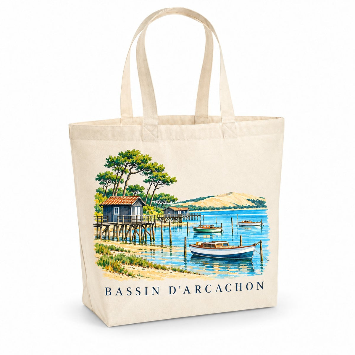 Tote bag Bassin d'Arcachon Premium, cabas à soufflet en coton naturel 200 g/m² de 18 litres, illustration aquarelle des cabanes tchanquées, des pinasses, de la dune et des pins