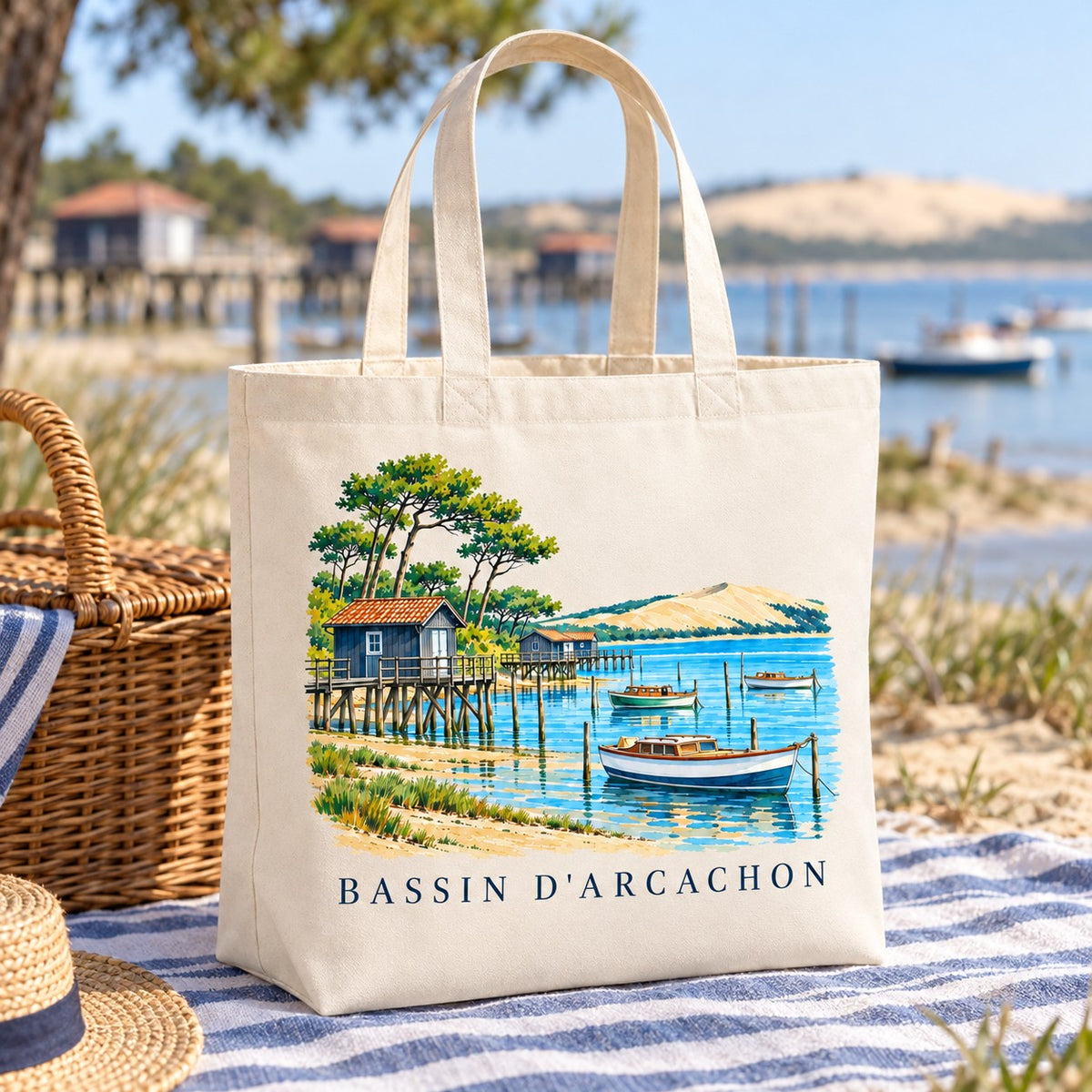 Tote bag Bassin d'Arcachon Premium posé sur une serviette rayée, avec un panier