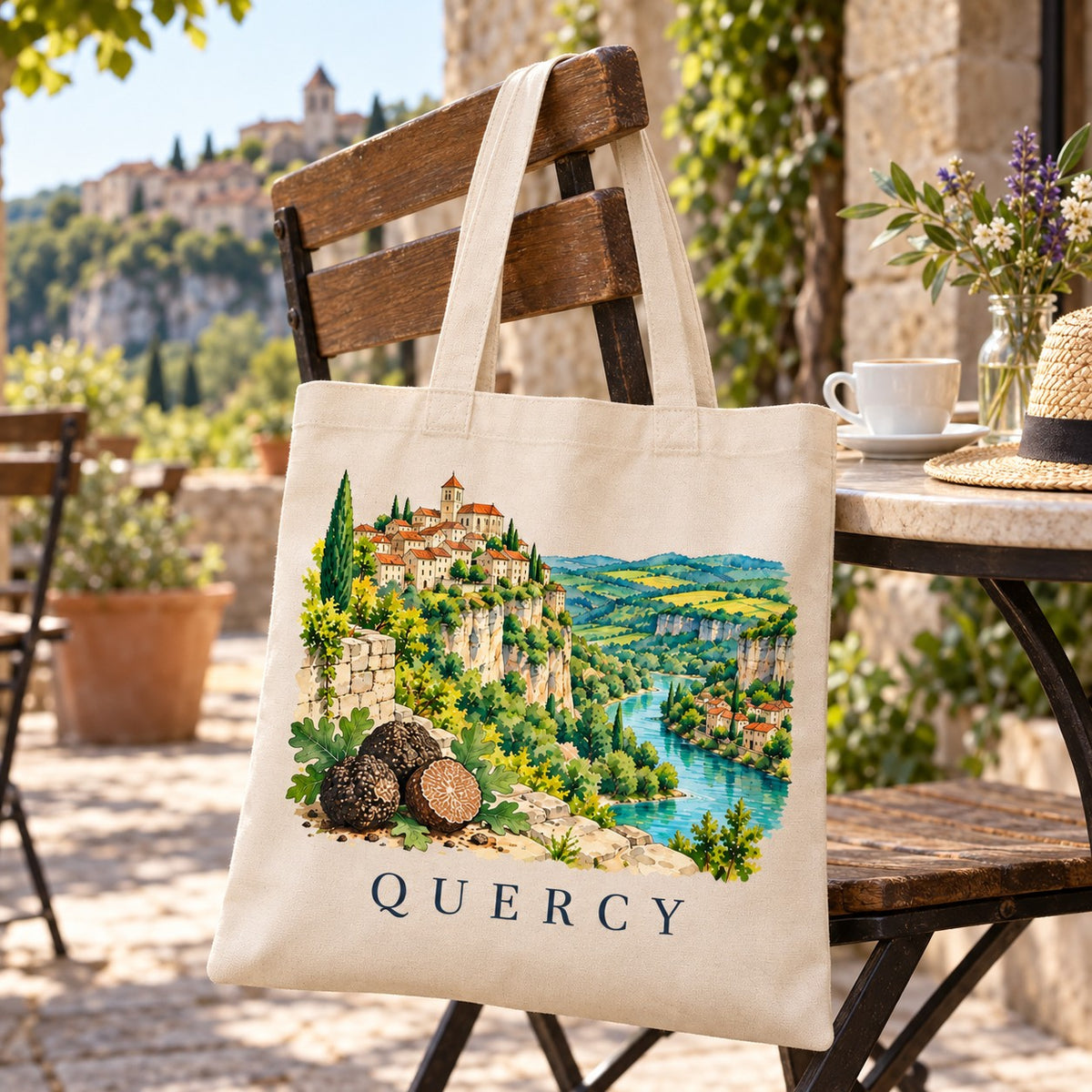 Tote bag Quercy Essentiel suspendu à une chaise en terrasse