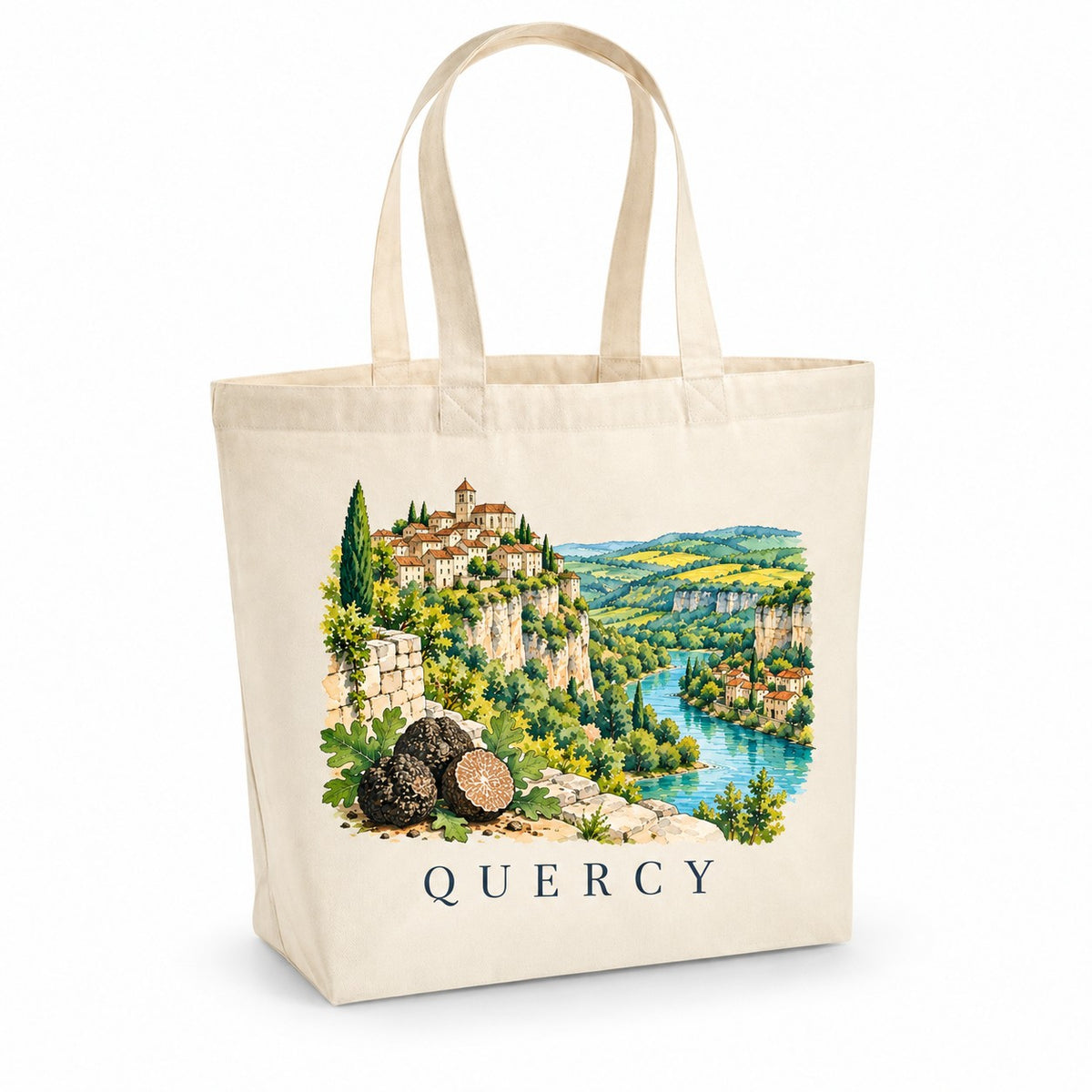 Tote bag Quercy Premium, cabas à soufflet en coton naturel 200 g/m² de 18 litres, illustration aquarelle d'un village accroché à la falaise, de la rivière et de truffes noires