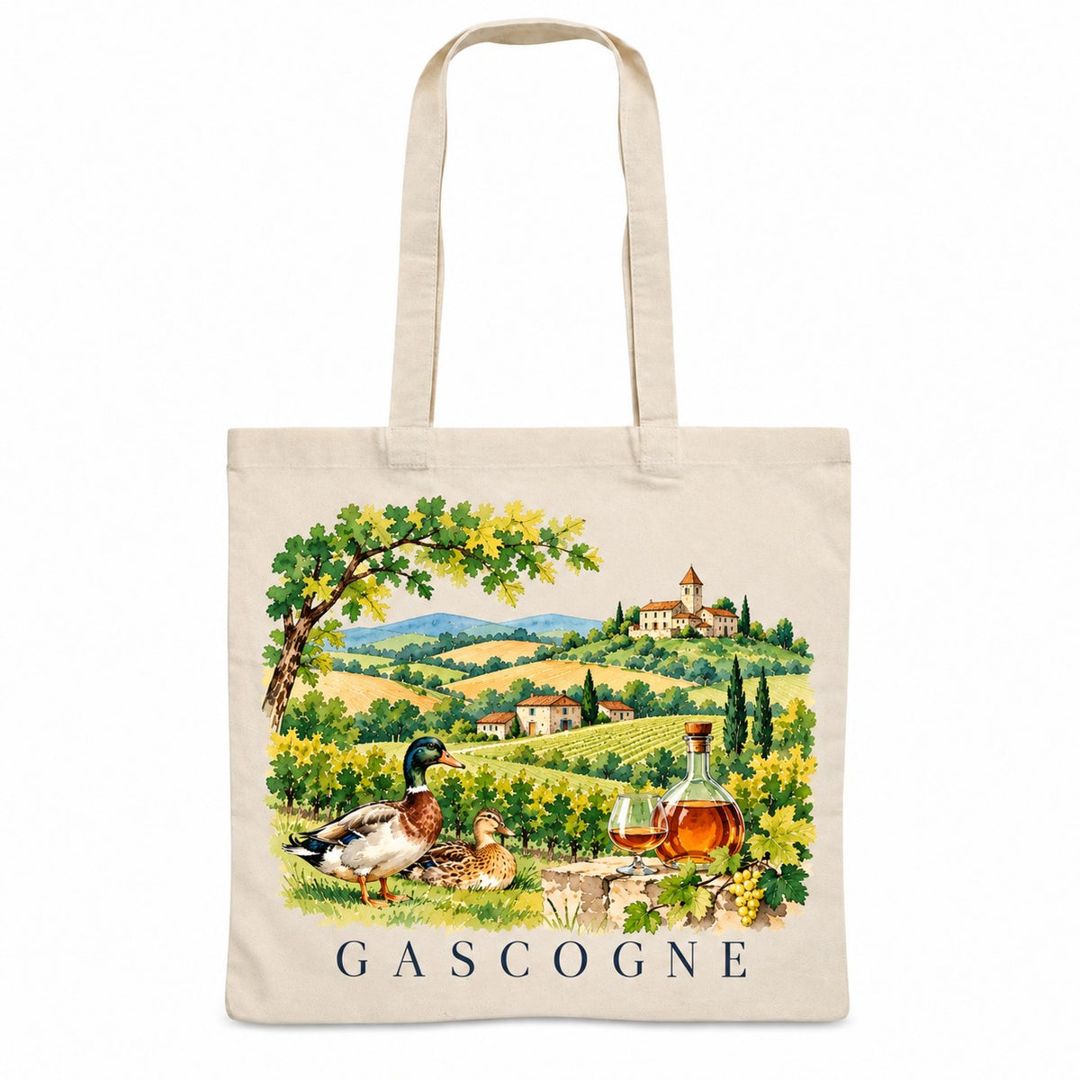 Tote bag Gascogne Essentiel, sac plat en coton naturel 140 g/m² de 38 × 42 cm, illustration aquarelle des collines, des vignes, d'un village perché et de deux canards
