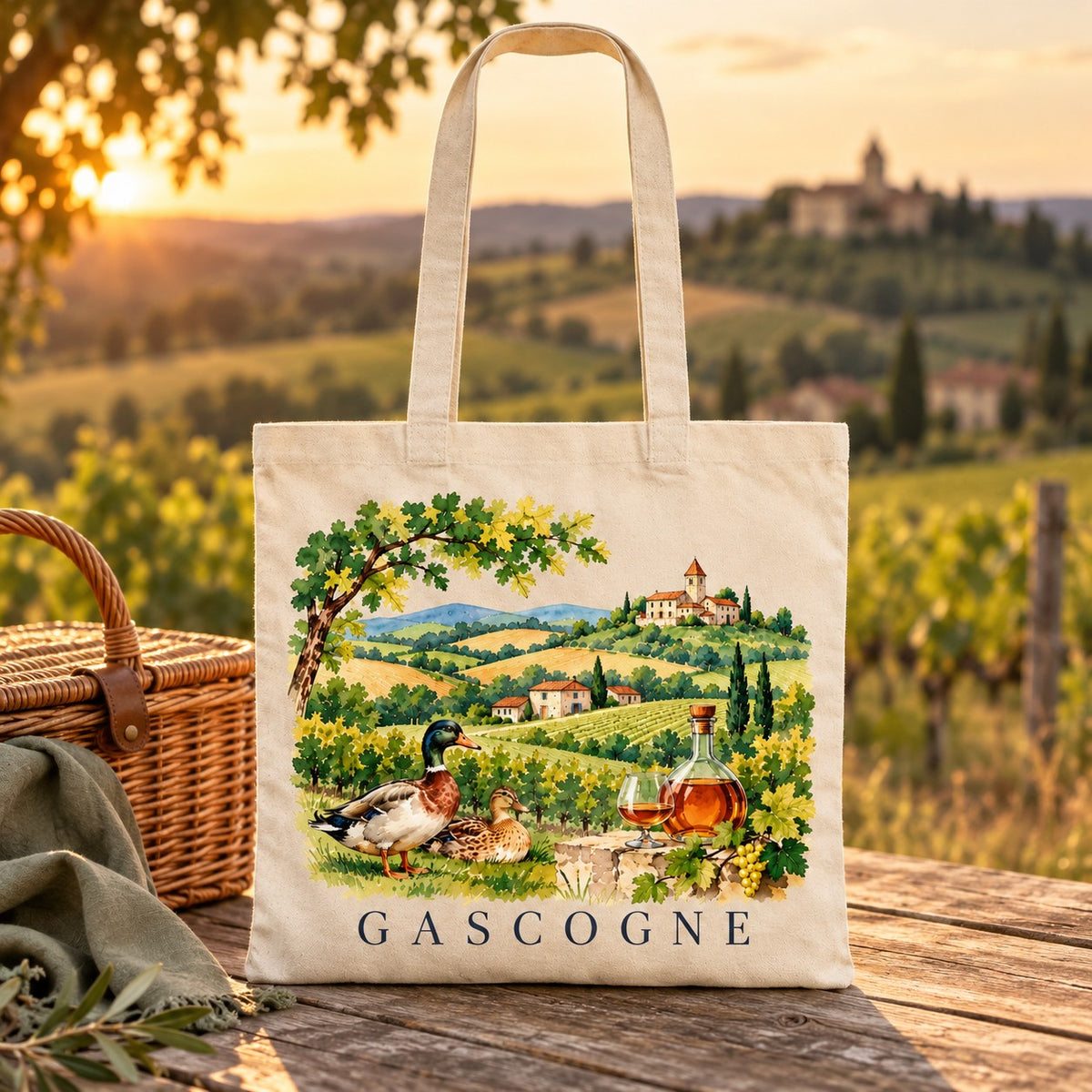 Tote bag Gascogne Essentiel posé sur une table de bois face aux collines, au coucher du soleil