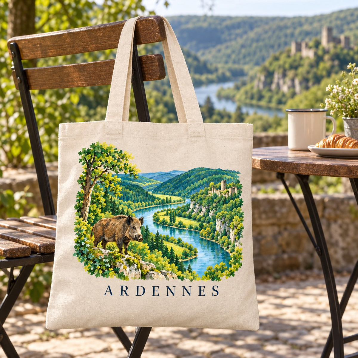 Tote bag Ardennes Essentiel suspendu à une chaise de bistrot en terrasse face à la vallée, avec un café et un croissant