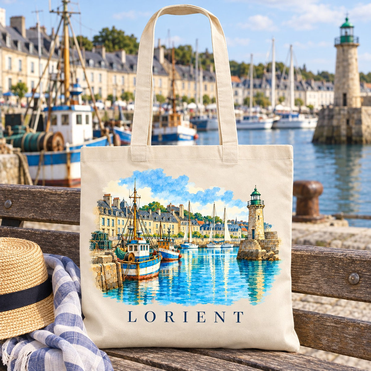 Tote bag Lorient Essentiel posé sur un banc face au port, avec un chapeau de paille et une serviette rayée