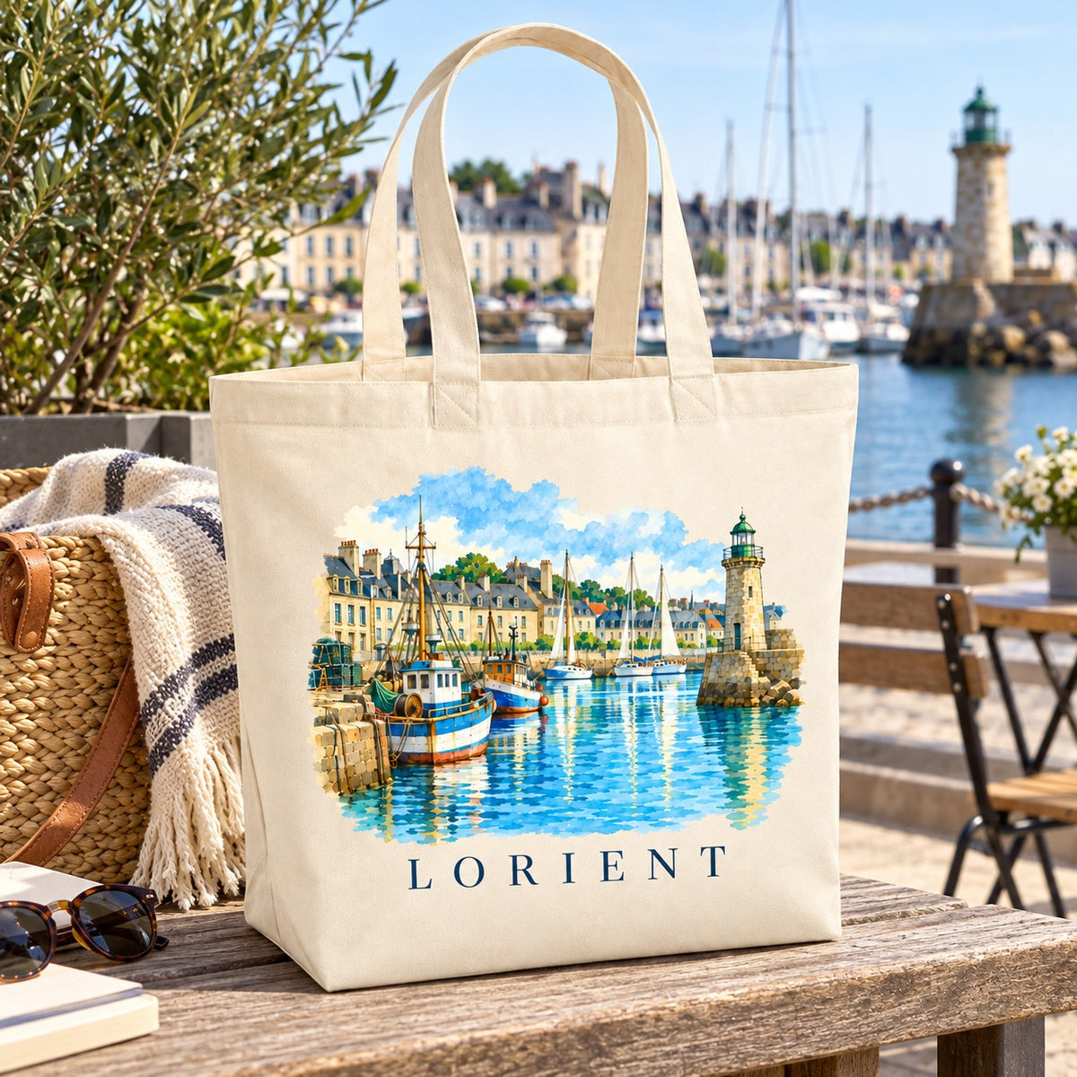 Tote bag Lorient Premium posé sur une table de bois face au port, avec un plaid