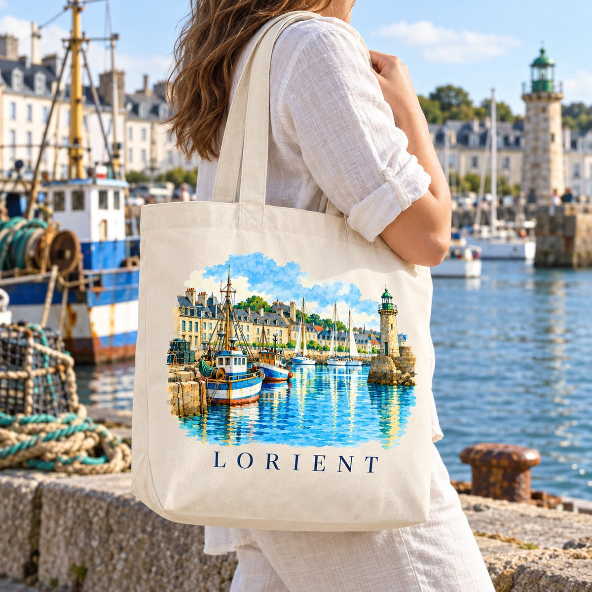 Tote bag Lorient Premium porté à l'épaule sur un quai du port, chalutiers en arrière-plan