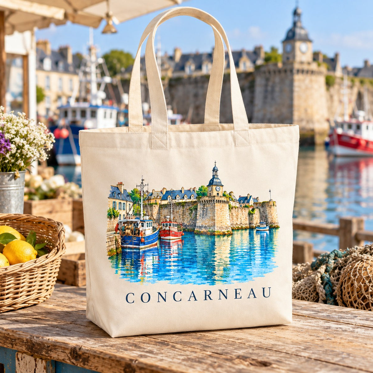 Tote bag Concarneau Premium posé sur un étal du port, à côté d'un panier de citrons
