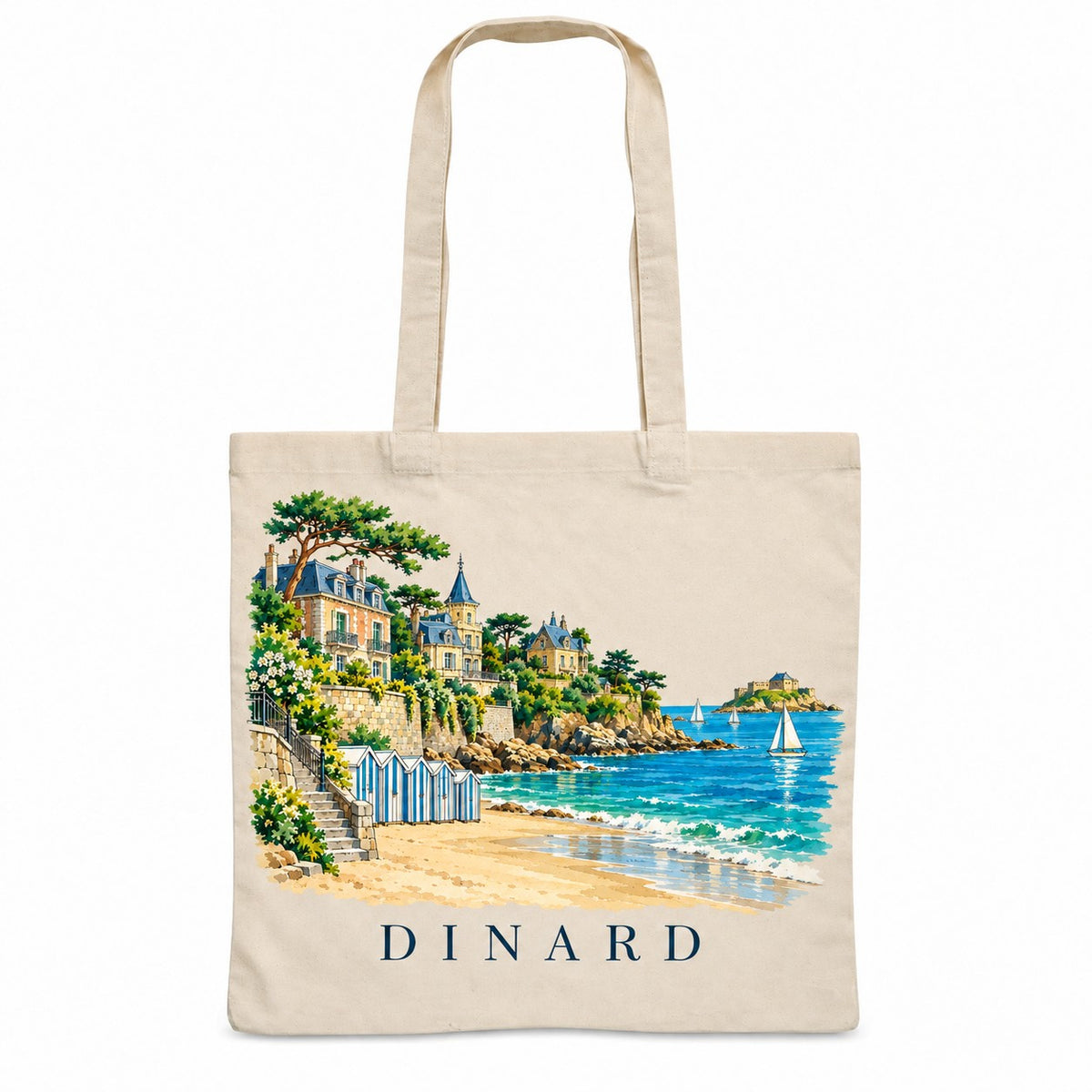 Tote bag Dinard Essentiel, sac plat en coton naturel 140 g/m² de 38 × 42 cm, illustration aquarelle des villas Belle Époque, de la plage et des cabines rayées