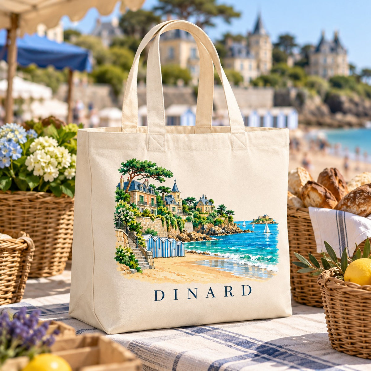Tote bag Dinard Premium posé sur une table face à la plage, entre un panier de pain et un bouquet d'hortensias