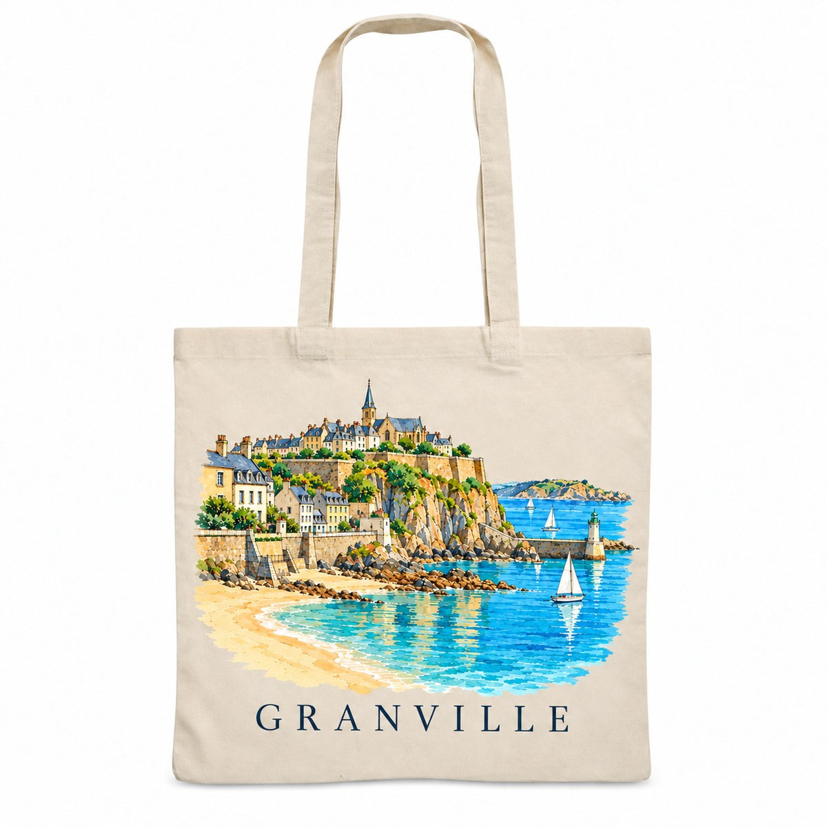 Tote bag Granville Essentiel, sac plat en coton naturel 140 g/m² de 38 × 42 cm, illustration aquarelle de la haute ville sur son rocher, de la plage et des voiliers