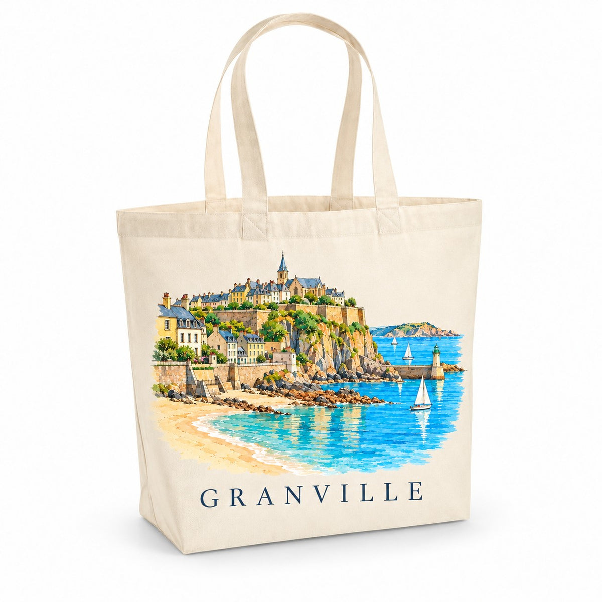 Tote bag Granville Premium, cabas à soufflet en coton naturel 200 g/m² de 18 litres, illustration aquarelle de la haute ville sur son rocher, de la plage et des voiliers