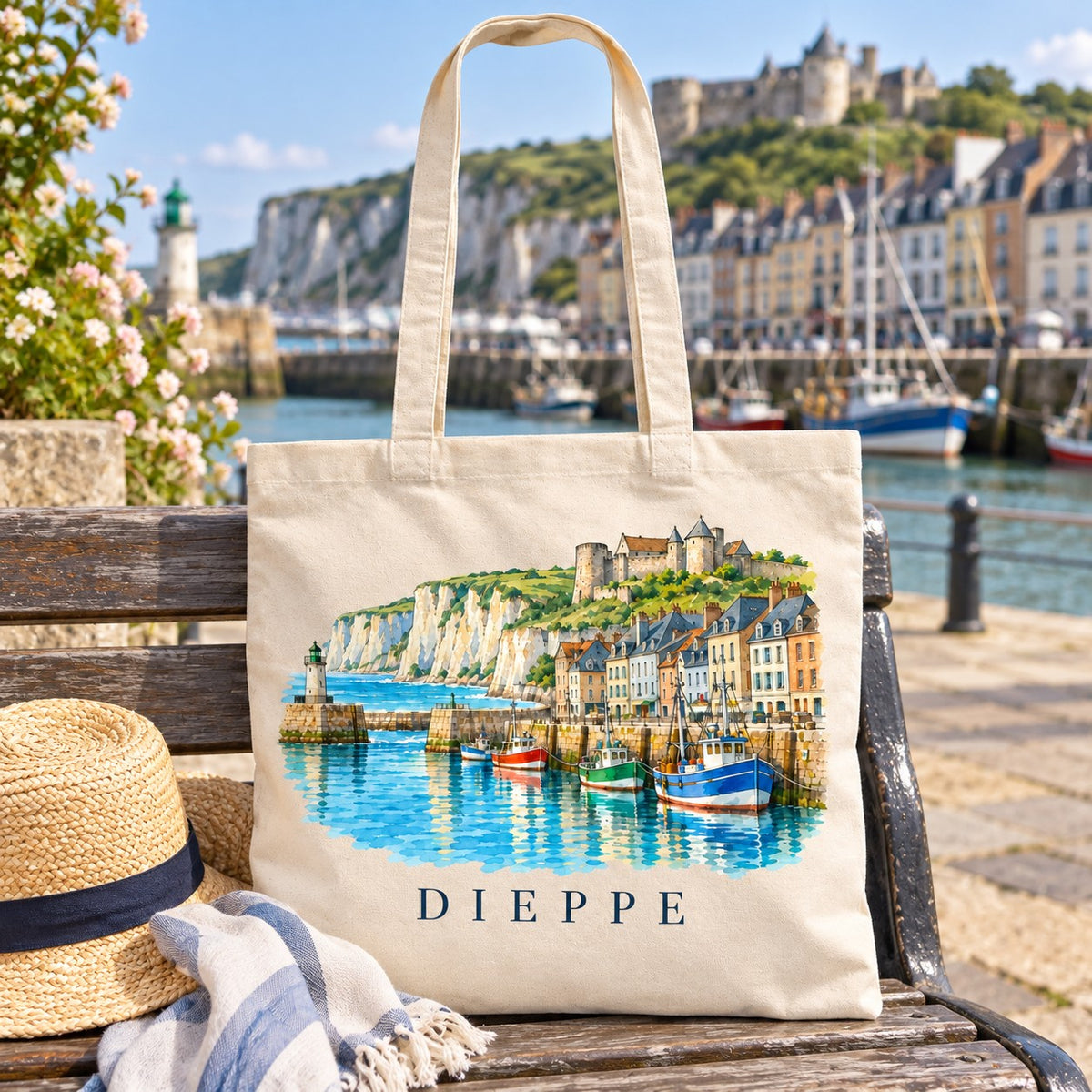 Tote bag Dieppe Essentiel posé sur un banc face au port, avec un chapeau de paille et une serviette rayée