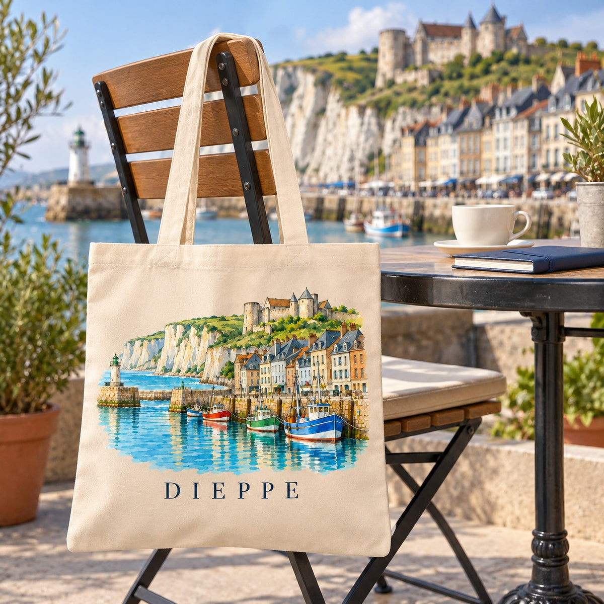 Tote bag Dieppe Essentiel suspendu à une chaise de bistrot en terrasse face au port, avec un café et un livre
