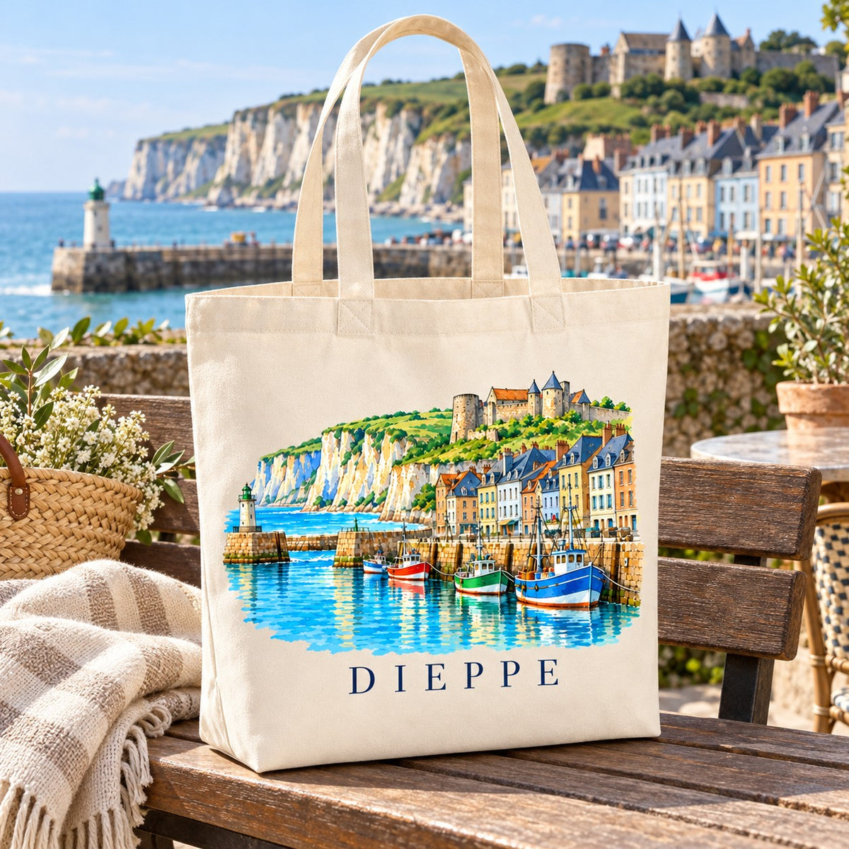 Tote bag Dieppe Premium posé sur une table de bois face au port, avec un plaid