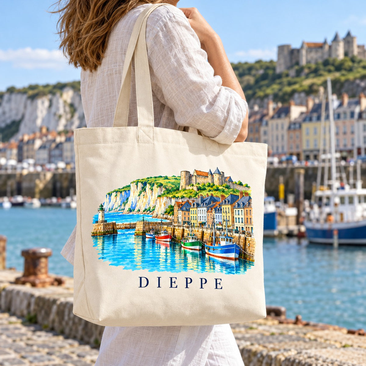 Tote bag Dieppe Premium porté à l'épaule sur un quai du port, falaises en arrière-plan