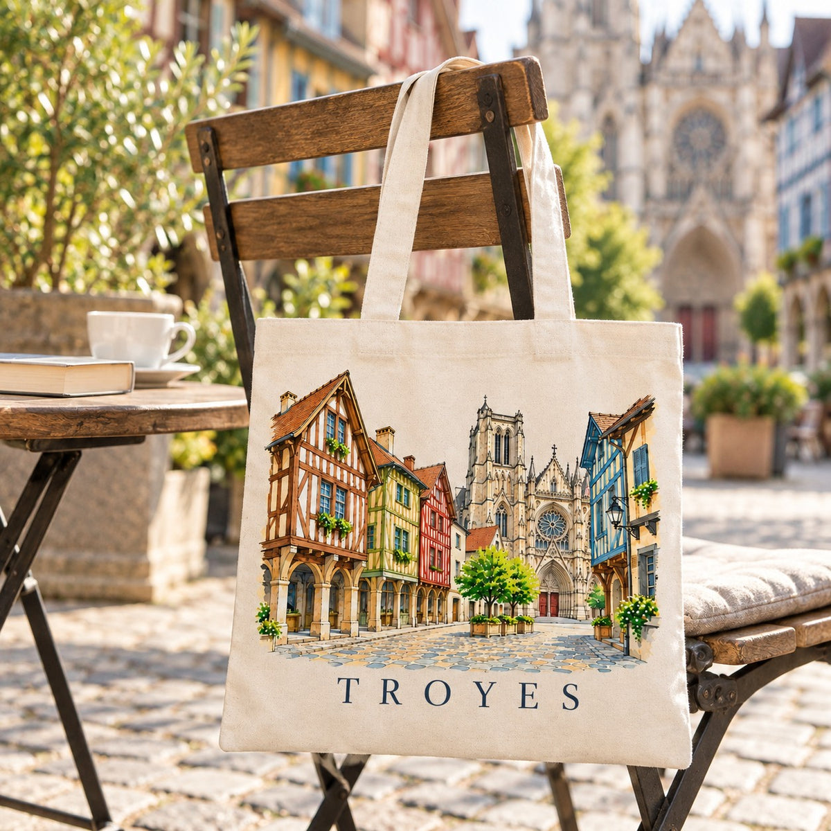 Tote bag Troyes Essentiel suspendu à une chaise de bistrot en terrasse, avec un café