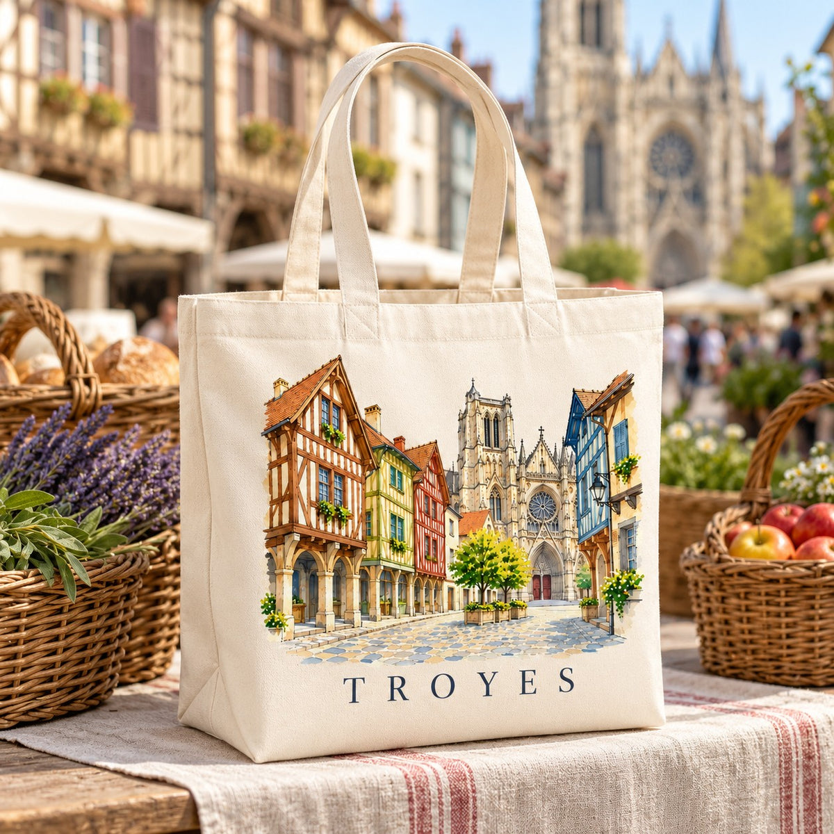 Tote bag Troyes Premium posé sur un étal de marché, entre un panier de lavande et une corbeille de pommes