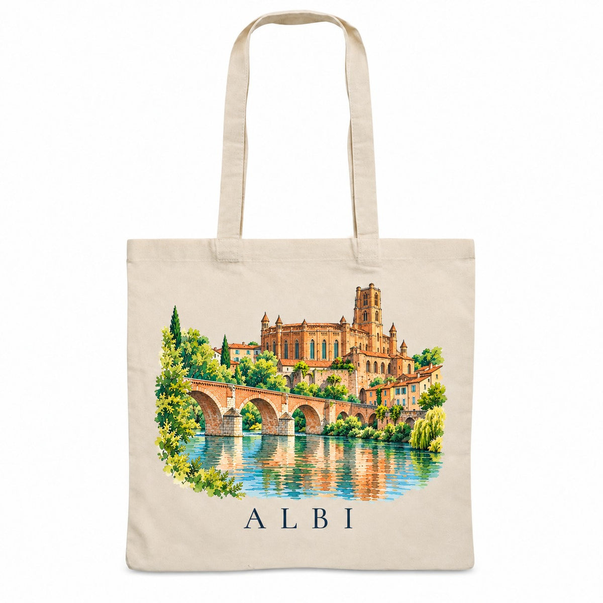 Tote bag Albi Essentiel, sac plat en coton naturel 140 g/m² de 38 × 42 cm, illustration aquarelle de la cathédrale de brique, du Pont Vieux et du Tarn