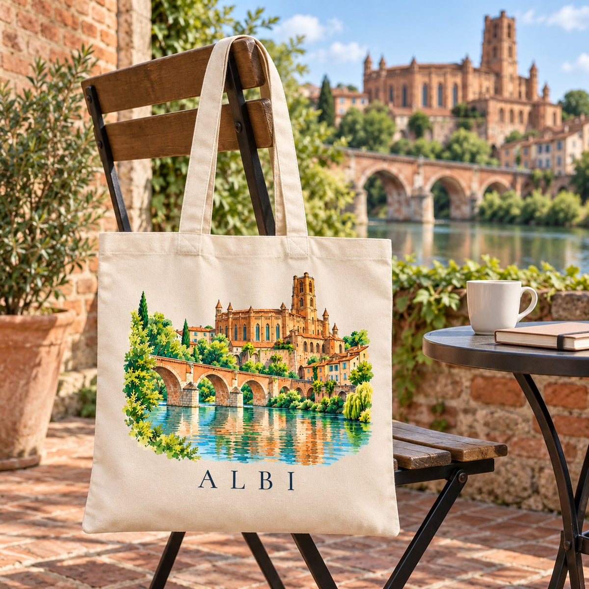 Tote bag Albi Essentiel suspendu à une chaise de bistrot en terrasse face au Tarn, avec un café et un livre