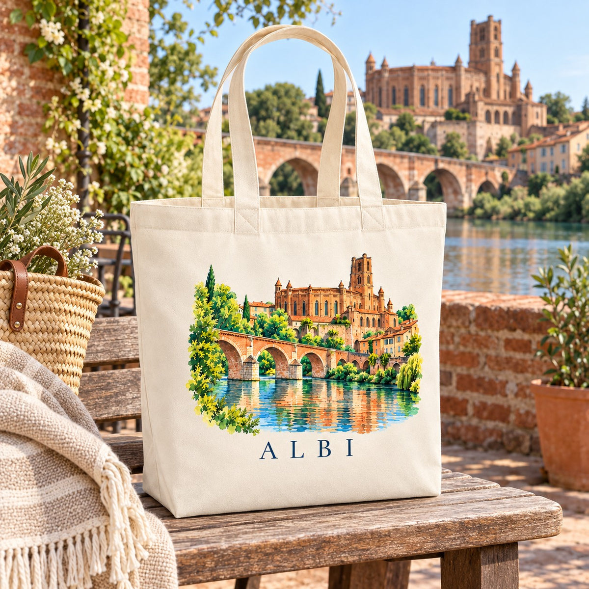 Tote bag Albi Premium posé sur une table de bois face au Tarn, avec un plaid et un panier