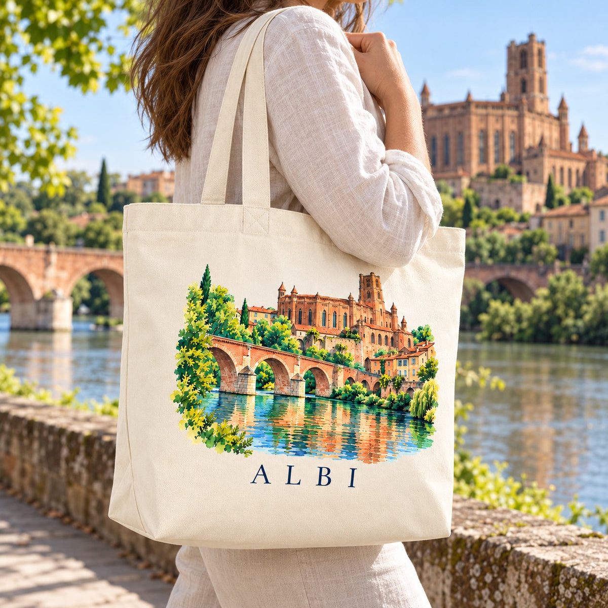 Tote bag Albi Premium porté à l'épaule sur les berges du Tarn, cathédrale en arrière-plan