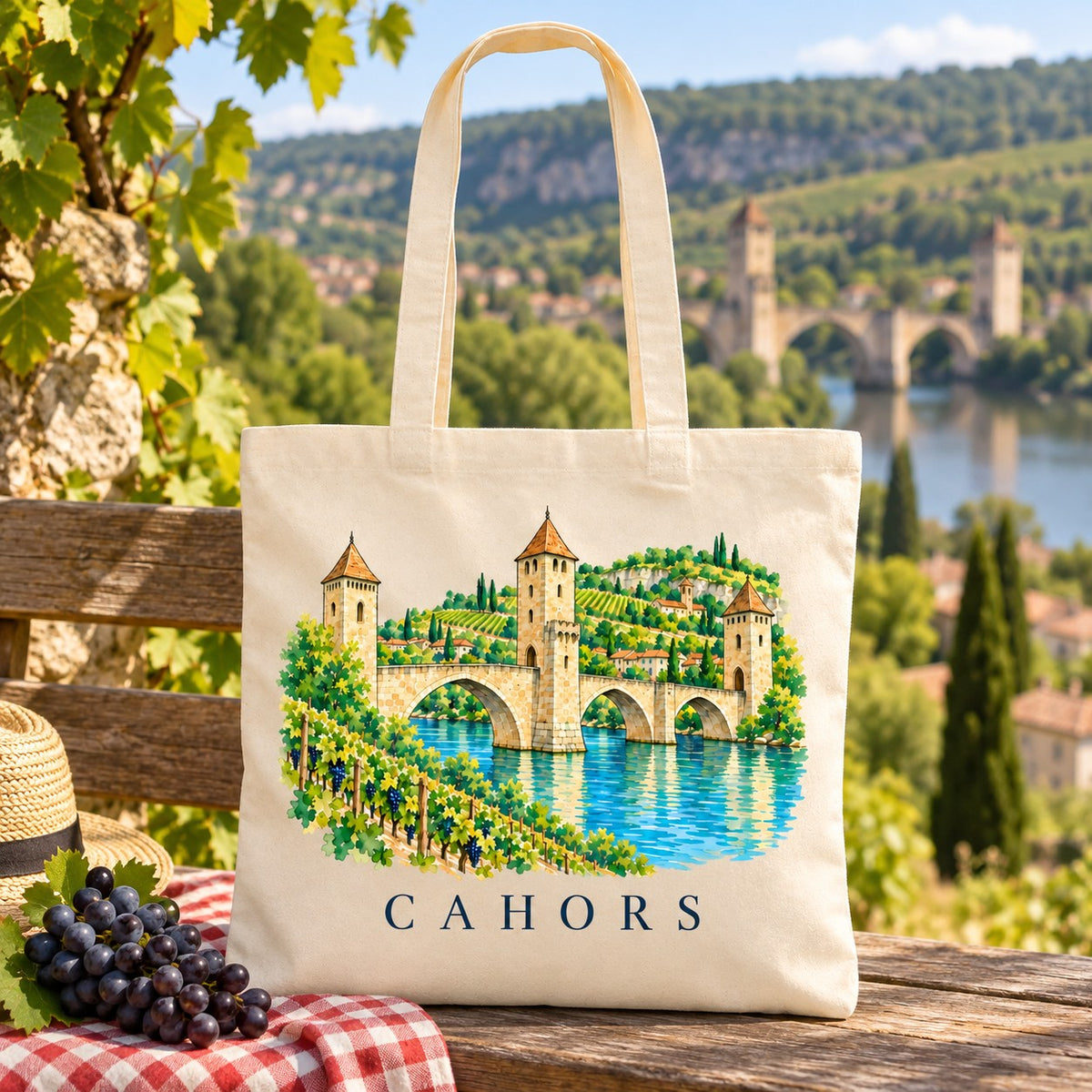 Tote bag Cahors Essentiel posé sur une nappe à carreaux face aux coteaux, à côté de grappes de raisin