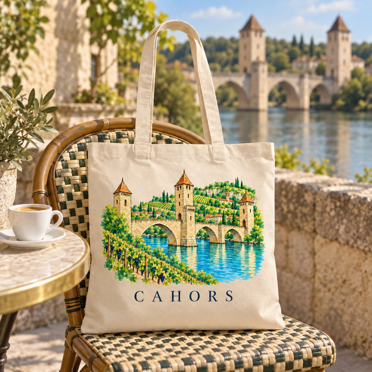 Tote bag Cahors Essentiel suspendu à une chaise de bistrot en rotin en terrasse face au Lot, avec un café